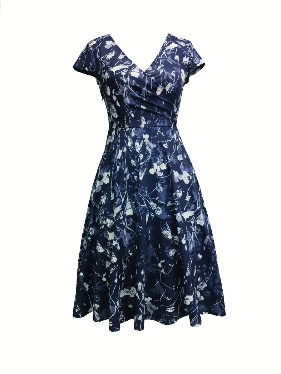 Elegant Floral Printed V-Neck Mid-Length Pocket Dress Polyester Blends for Spring Summer Autumn Three Season Women's Dress — image 3