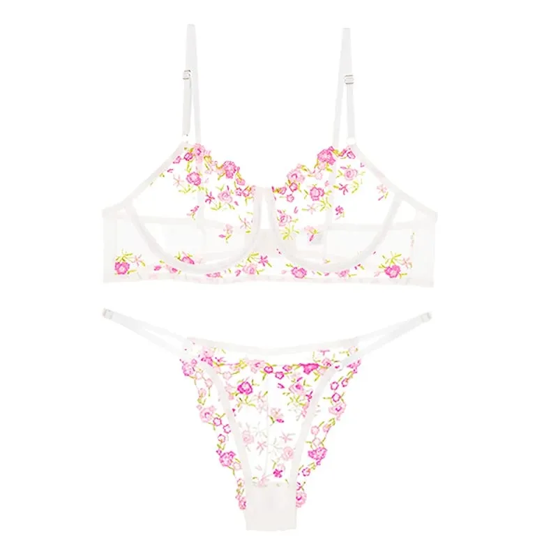New Women Sexy Mesh Bras Suit Sweet Female French Floral Embroidery Underwear Sets Transparent Mesh Bra Panties 2Piece Lingerie — image 2