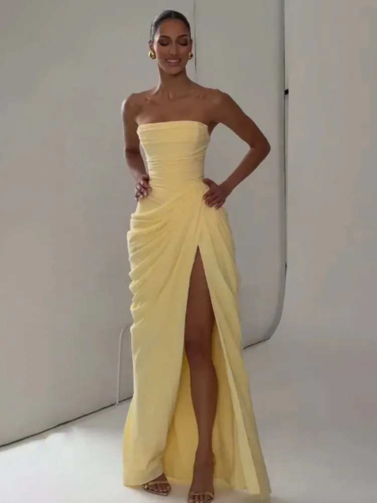 Dámské sexy jednobarevné plisované šaty dámské elegantní bez ramínek, bez ramínek, s vysokým pasem, rozděleným šatem 2026 letní večerní společenské šaty — image 1