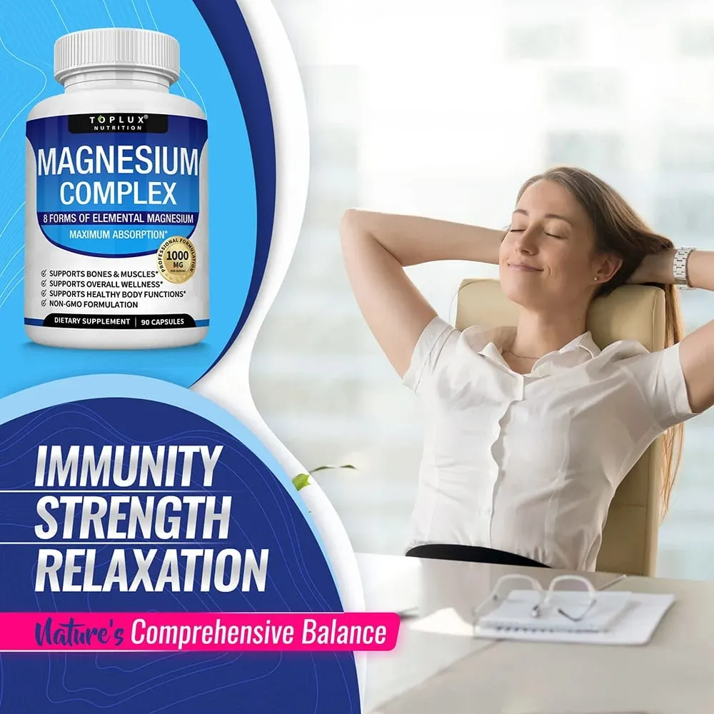 Magnesium Complex Supplement 1000mg - Magnesium Glycinate Citrate Malate Taurate for Bones Muscle Energy 90 Vegan Capsules — image 6