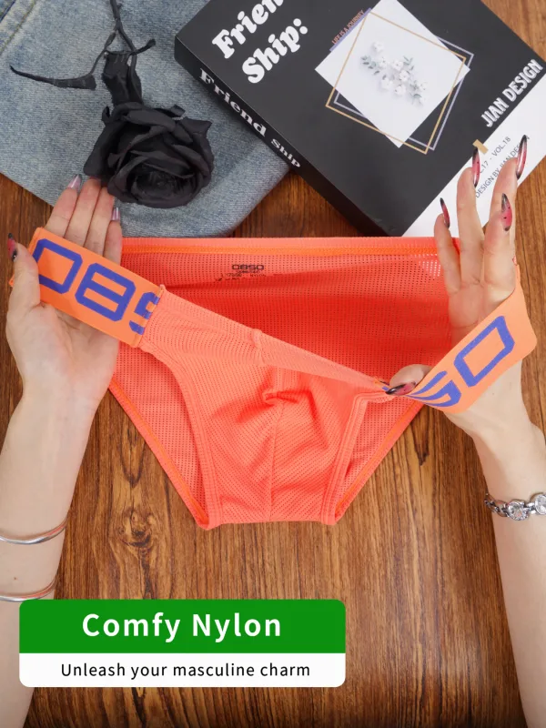 Cuecas masculinas de mistura de nylon, cuecas respiráveis com letras de chifre em relevo, cintura elástica larga, cor fluorescente, roupa íntima sexy — image 4