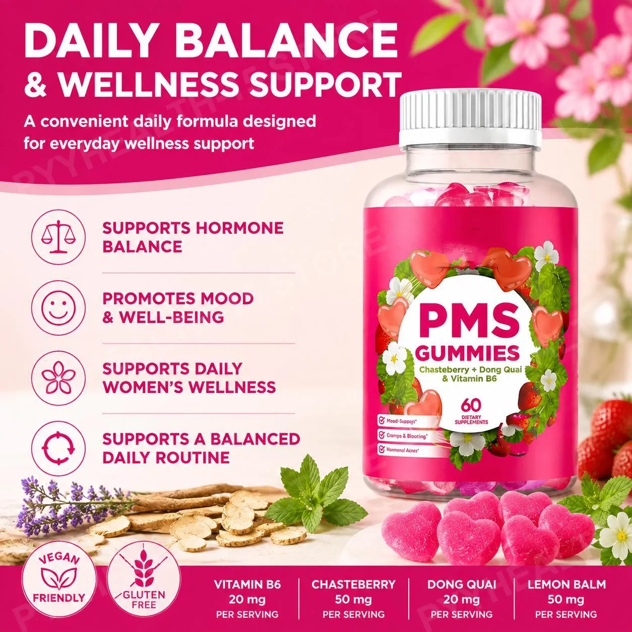 Gomitas de apoyo para el síndrome premenstrual con sauzgatillo Vitex Dong Quai, vitamina B6 y bálsamo de limón para el bienestar y el estado de ánimo mensual de las mujeres, 60 gomitas — image 4