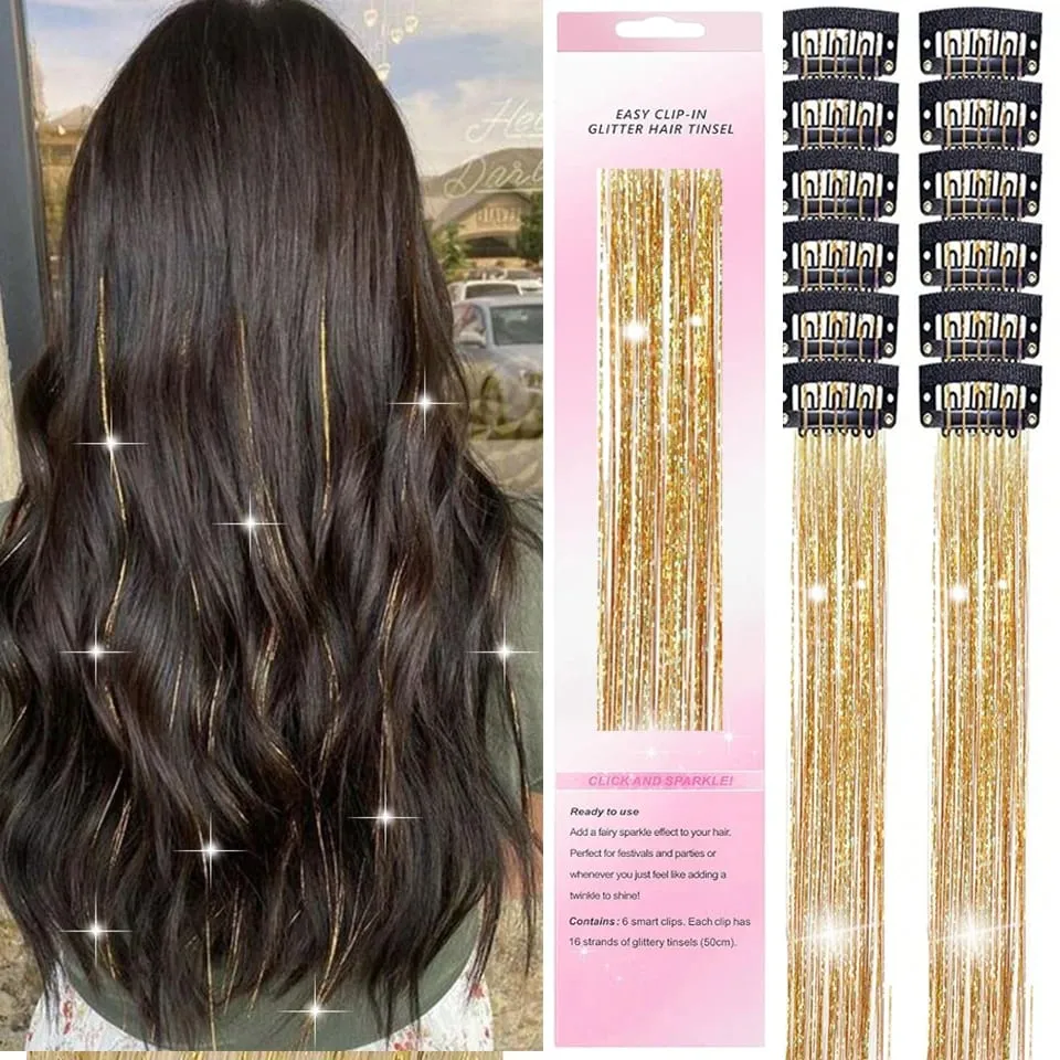 12Pcs Hair Tinsel Clip In Fashion Glitter Tinsel Synthetic Straight Hair Extensions Tinsel Kit Shiny Hair Accessories For Women — image 2