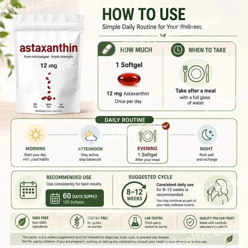 Astaxanthin 12mg Softgels From Plant-Based Microalgae with MCT Oil Dietary Supplement