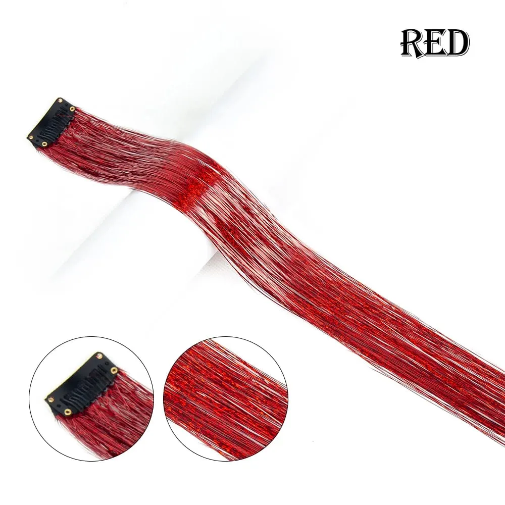 Straight Rainbow Colored Party Highlights Clip On In Hair Extensions Bling Hair Piece Synthetic Hairpieces Sparkling Tinsel Red