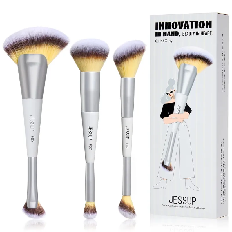 Jessup Makeup Brushes Set 3/7pcs Dual Ended Synthetic Foundation Blush Highlight Blending Eyebrow Brush na may Bag Tahimik na Grey T520 — image 8