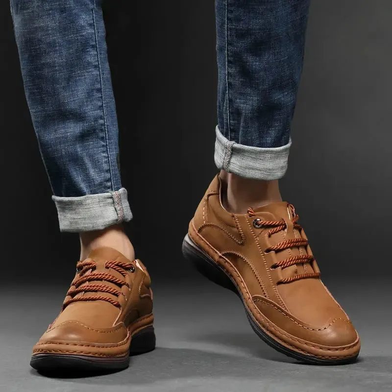 Men Handmade Stitching Cowhide Shoes Casual Lace Up Walking Footwear Comfort Non Slip Rubber Sole Breathable Outdoor Daily Shoes — image 5