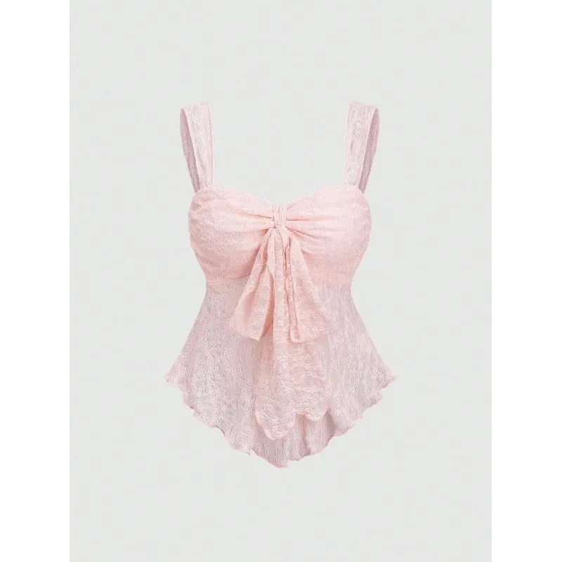 French soft pure aesthetic women cropped camisole solid lace jacquard fabric bow ornament waist cinched versatile sleeveless inn