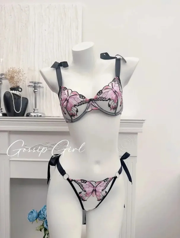 Reggente Pizzo Francese Farfalla Rete Trasparente Spalline Elastiche Senza Spugna Set Intimo S-XL Nuovo Morbido — image 10