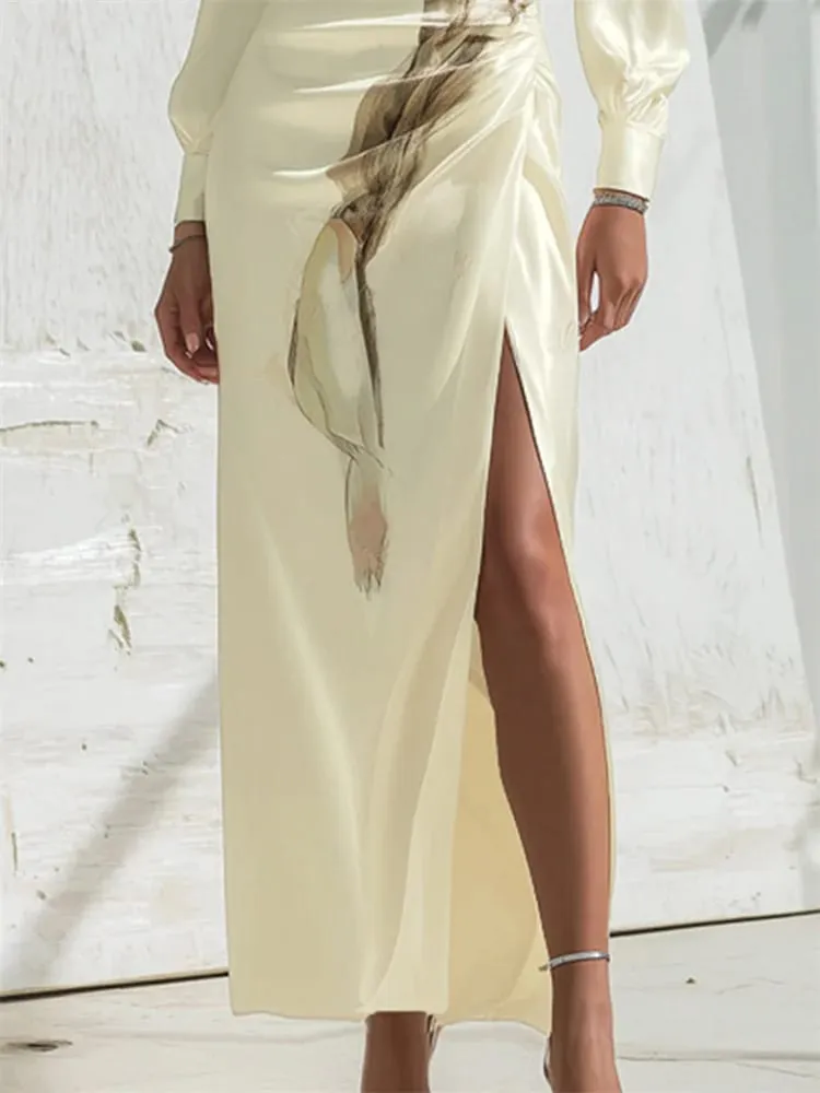 Yeezzi Women Elegant Floral Printed High Split Evening Maxi Dresses 2026 New Long Puff Sleeves Pleated Date Night Party Dress — image 3