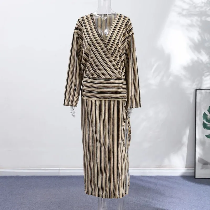 Casual Stripe Maxi Dresses Women Loose Full Sleeves Deep V-neck Ankle-length Dress 2026 New Ladies Summer Vacation Beach Outfit