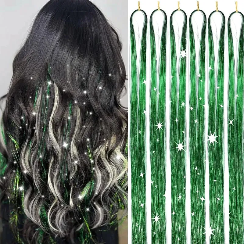 6Pcs Hair Tinsel Kit 24inch 1200 Strands Glitter Tinsel Hair Extensions Shiny Colorful Tinsel Hair Party Highlights for Women — image 17