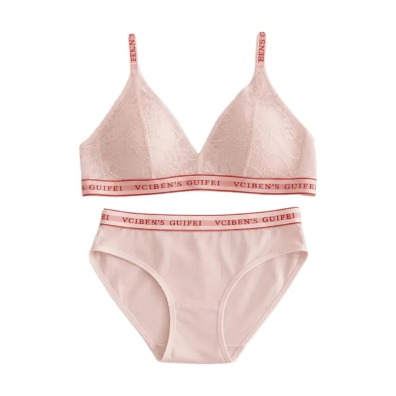 Breathable Letter Design Lingerie Set Lace Wireless Women Underwear Suit Deep V Color Blocking Bra Panties Set Gift