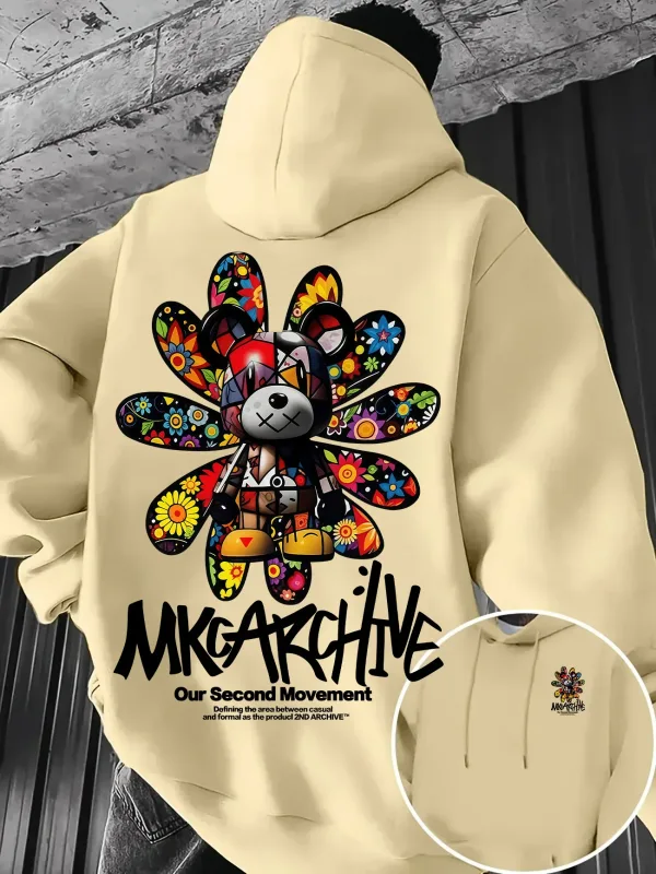 Men's Casual Hooded Sweatshirt – Colorful Floral Bear Graffiti Print Pullover Warm Street-Style Top for Autumn/Winter — image 5