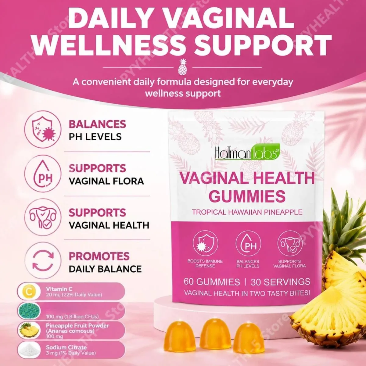 HalmanLabs Vaginal Health Gummies with Probiotics and Vitamin C Balances PH Levels and Supports Vaginal Flora - 60 Gummies — image 3
