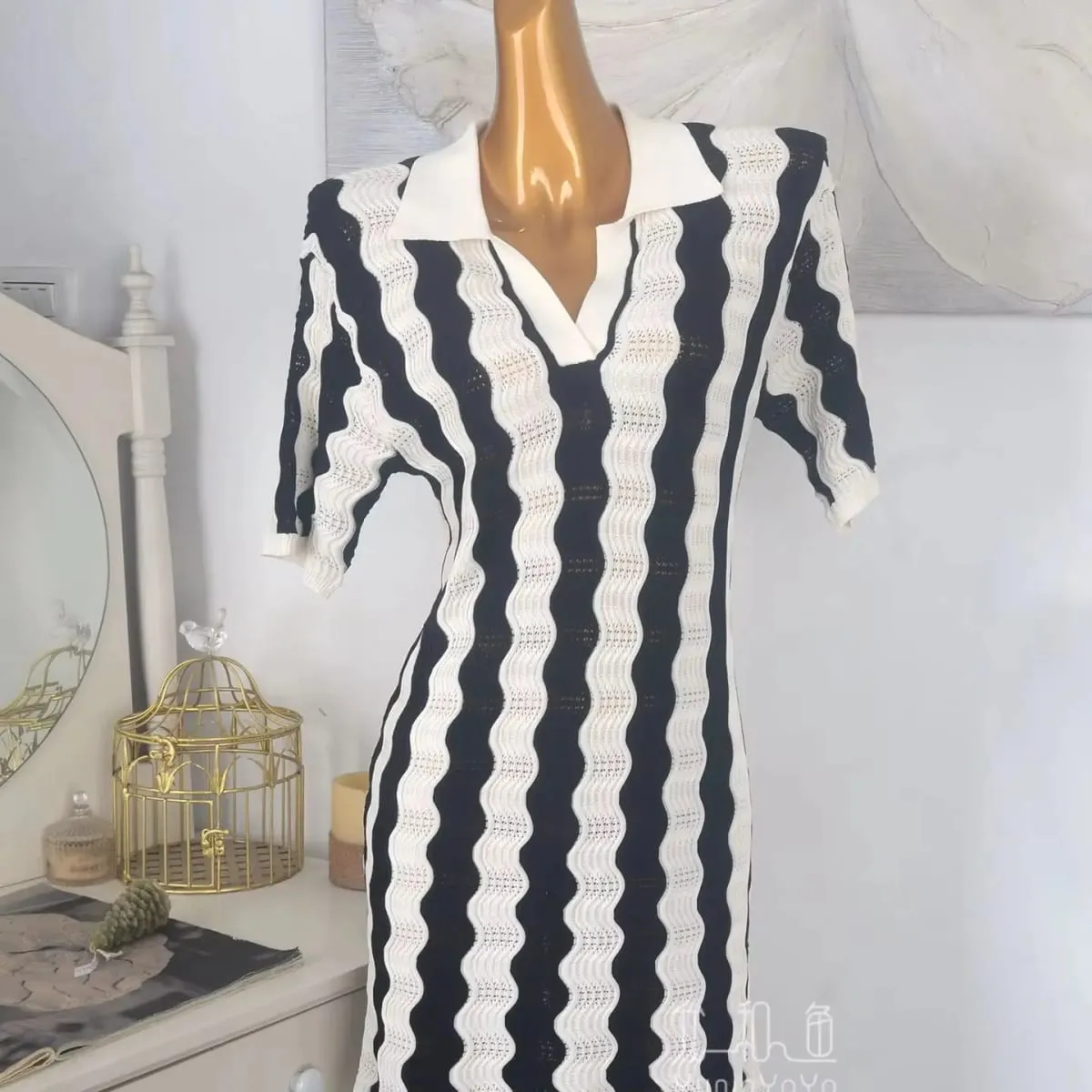 Polo Collar Half Vneck Wave Stripe Knit Dress Women Hollow Jacquard H-line Straight Short Dress Summer Elegant Ladies Mini Dres — image 5
