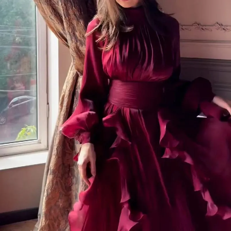 Fashion High Waist Pleat Party Dress Lady Casual High Collar Layered Banquet Dress Elegant Long Sleeve Solid Color Evening Dress — image 10