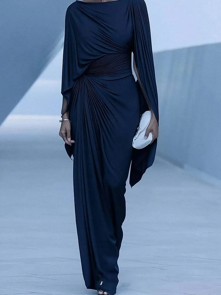 Sexy Slash Collar Pleat Slim Evening Dress Elegant High Waist Solid Color Banquet Dress Lady Leisure Irregular Long Sleeve Dress — image 4