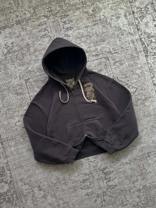Dark Brown Full Zip Hoodie Double Men Wolf Embroidery Drawstring Pocket Oversized Y2K Grunge Vintage Street Zip Up Sweat Jackets — image 2