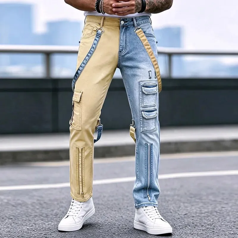 Y2K τζιν για άντρες Techwear ρετρό παντελόνι Cargo Παντελόνι τζιν με μπότα με ανοιχτόχρωμο λουράκι με αντίθεση