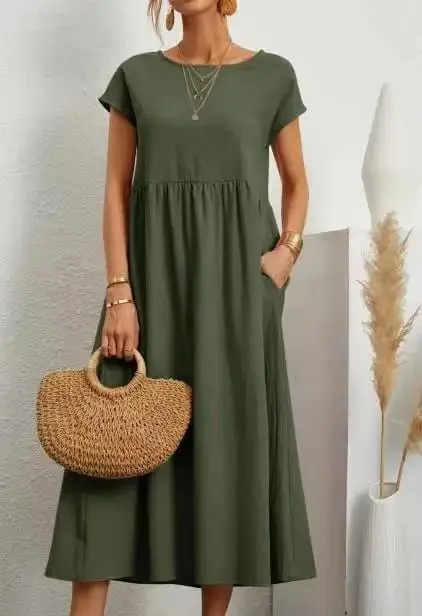 Premium Elegant Solid Cotton Linen Dress Summer Midi with Pockets Loose Fit Casual Crew Neck Short Sleeve for Beach Travel — image 14