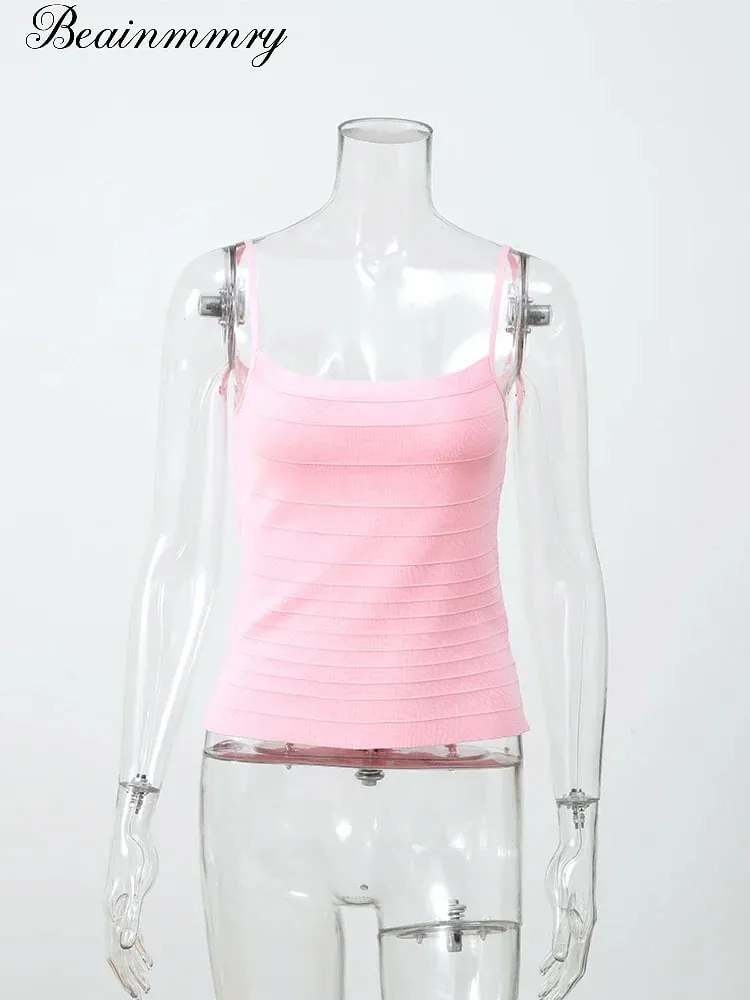 Women Sexy Solid Bandage Top Square Neck Striped Spaghetti Strap Corset Sleeveless Bodycon 2026 Summer Lady Party Fashion Vest — image 2