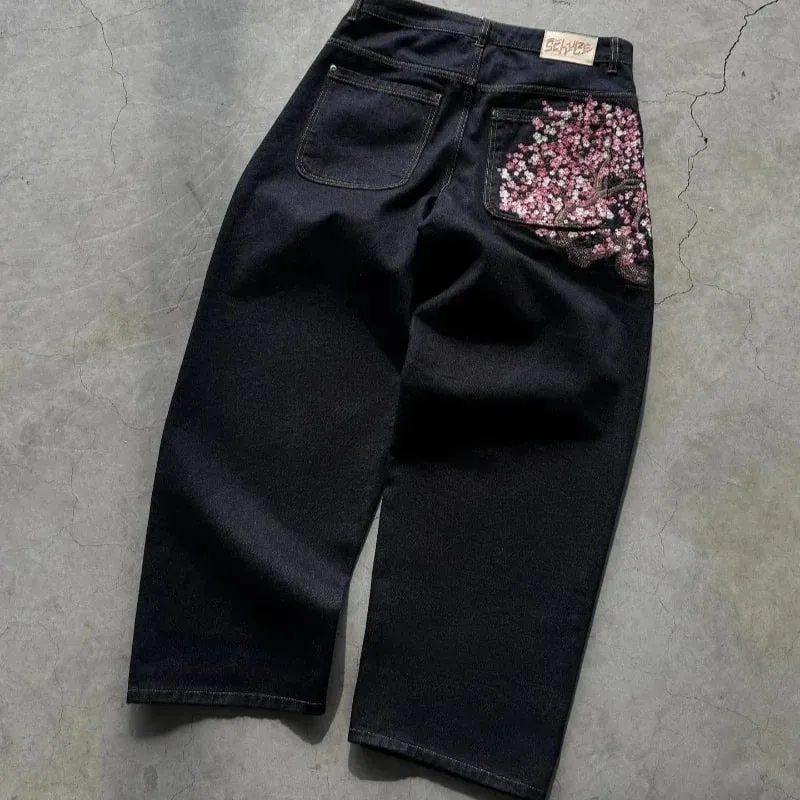 New Sakura Carp Embroidered Jeans Y2k Harajuku Retro Men and Women Loose Street Style Trousers Gothic Punk Casual Straight Jeans