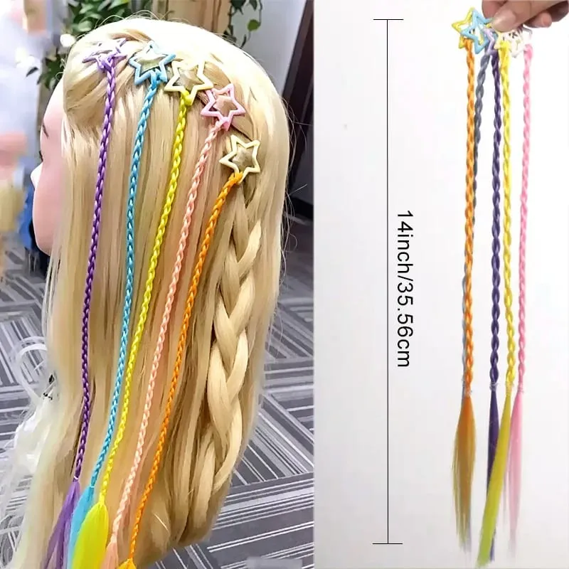 Rainbow Synthetic Braided Hair Pieces 5Pc Color Star Hair Clips DIY Hair Accessories For Halloween Birthday Music Festival Party — image 3