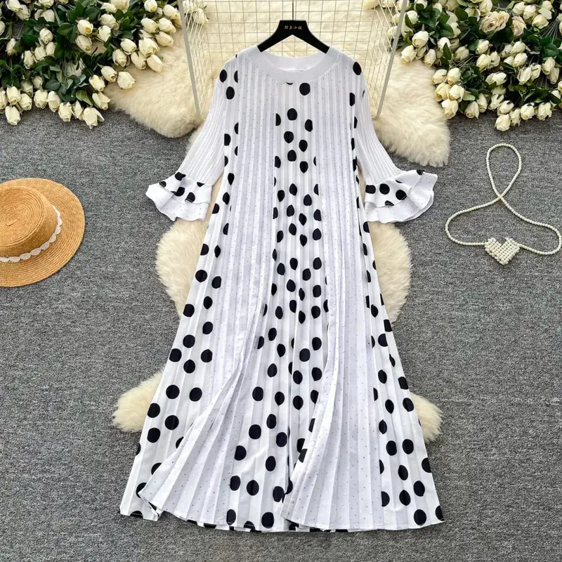 Miyake Pleated Polka Dot Dresses 2026 Summer Flared Sleeves Round Neck Fashion Pleated Long Dress Women Draped Elastic Clothing — image 6