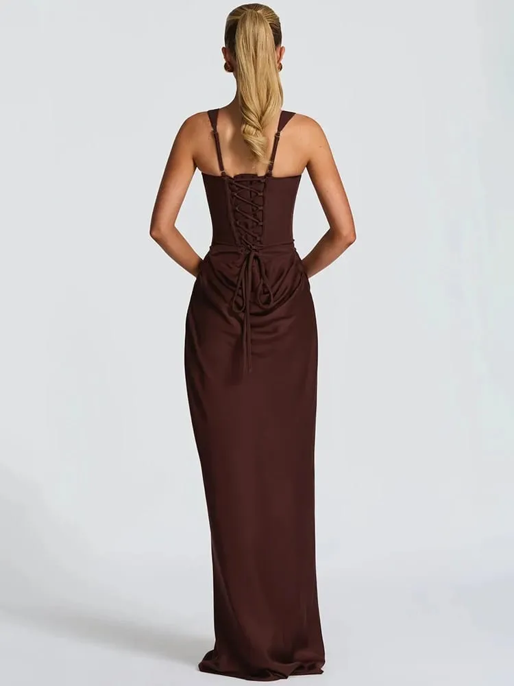 Mozision Backless Ruched Sexy Maxi Dress Women Elegant Square Collar Tapered Straps Sleeveless Bodycon Club Party Long Dress — image 3