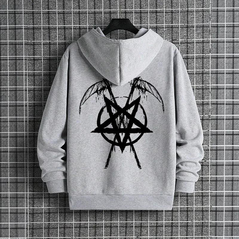 2025 Trendy Mens Hooded Sweatshirts Satan Pentagram Print Autumn Winter Casual Sportswear Urban Fashion Hoodies Male Top Outwear