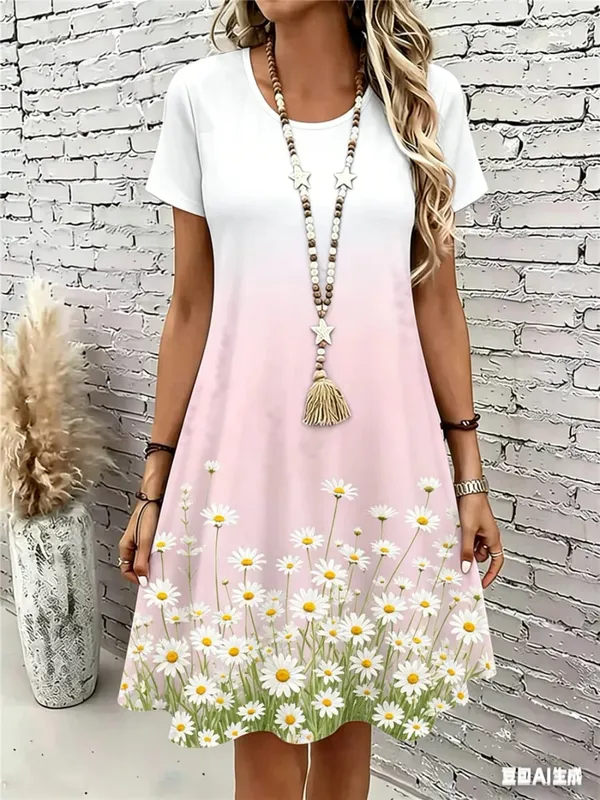 Short Sleeve Floral Pattern Women Mini Dresses Summer 3D Flower Printed Ladies Street Dress 3XL Plus Size Loose Casual Dress — image 4