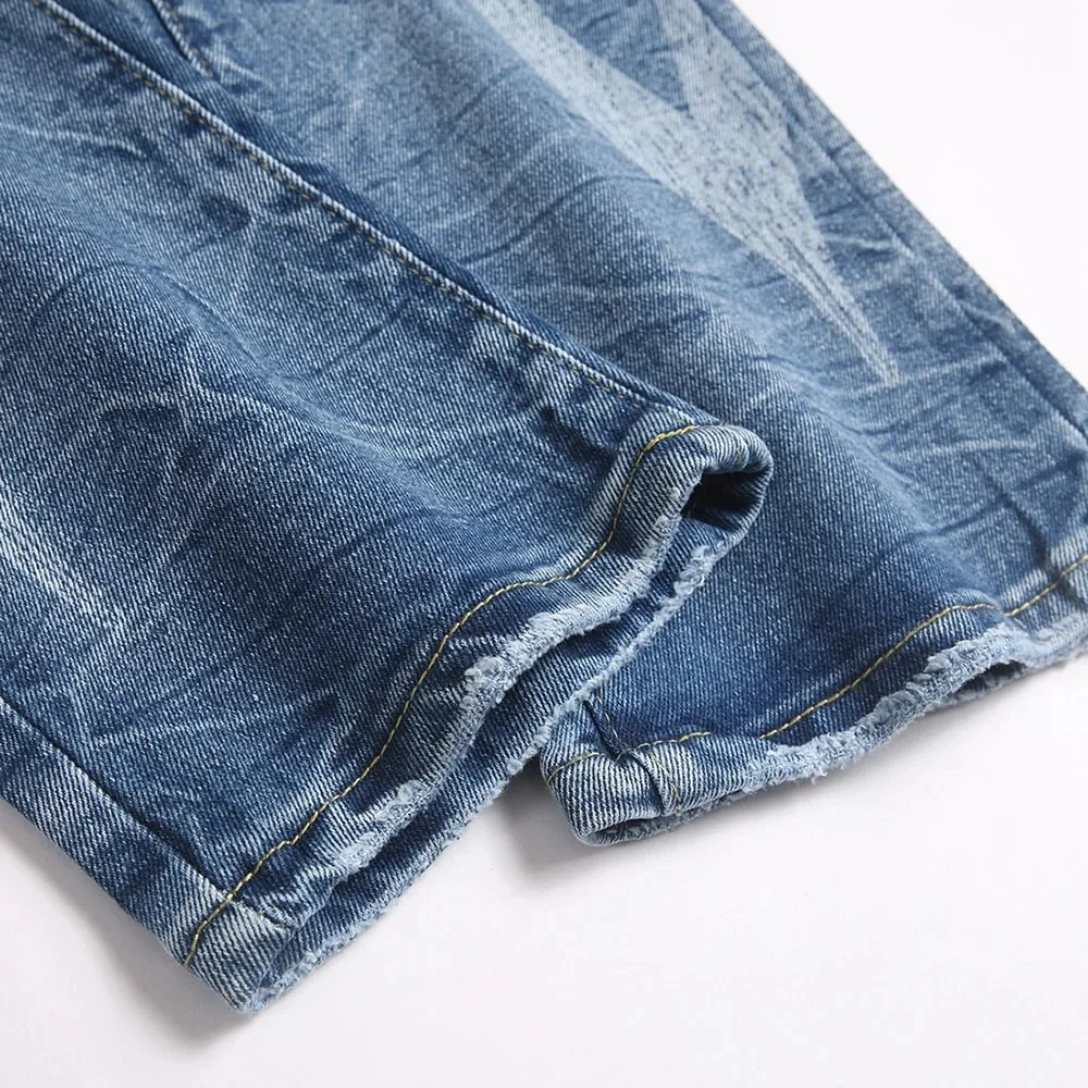 Men's Boot Cut Denim Jeans Streetwear Rivet Crystal Rhinestone Printed Pants Slim Flared Blue Stretch Trousers — image 5