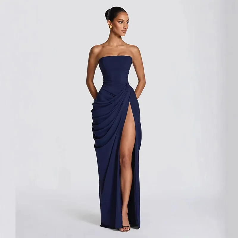 Sexy Solid Geplooide Strapless Jurk Lady Chic Off-shoulder Backless Hoge Taille Split Jurken Vrouwen 2026 Nieuwe Avond Party Gown — image 10
