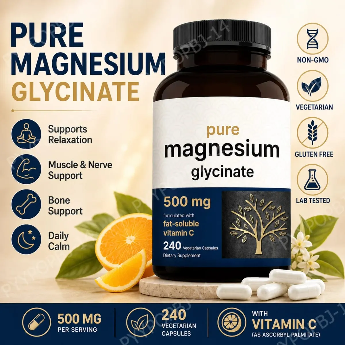 Pure Magnesium Glycinate 500mg Capsules with Vitamin C Supports Relaxation Muscle Nerve Health Bone Support 240 Capsules — image 1