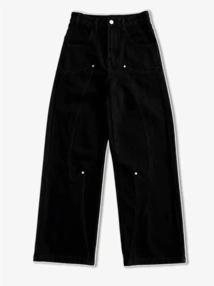 Mens Jeans Heavy Embroidery Streetwear Denim Pants Harajuku Unisex Loose Fit Wide Leg Anime Straight Leg Black Casual Fashion — image 3
