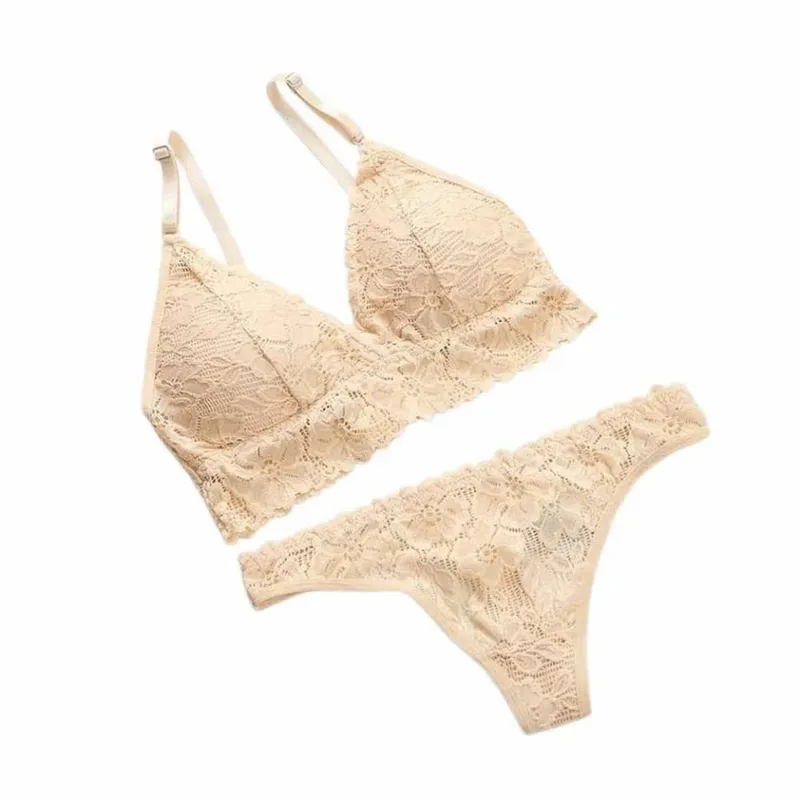 Floral Panties Bra Kit Lace Flower Thong Bra Set Low Waist Lingerie Romantic Night Gift Ladies V Neck Underwear for Women — image 9
