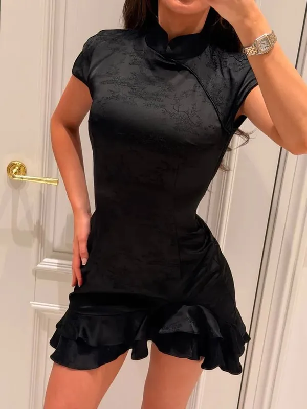 Elegant Satin Irregular Ruffle Hem Mini Dress Women Solid Stand Collar Short Sleeve Slim Dressess 2026 Lady Party Evening Gown — image 8