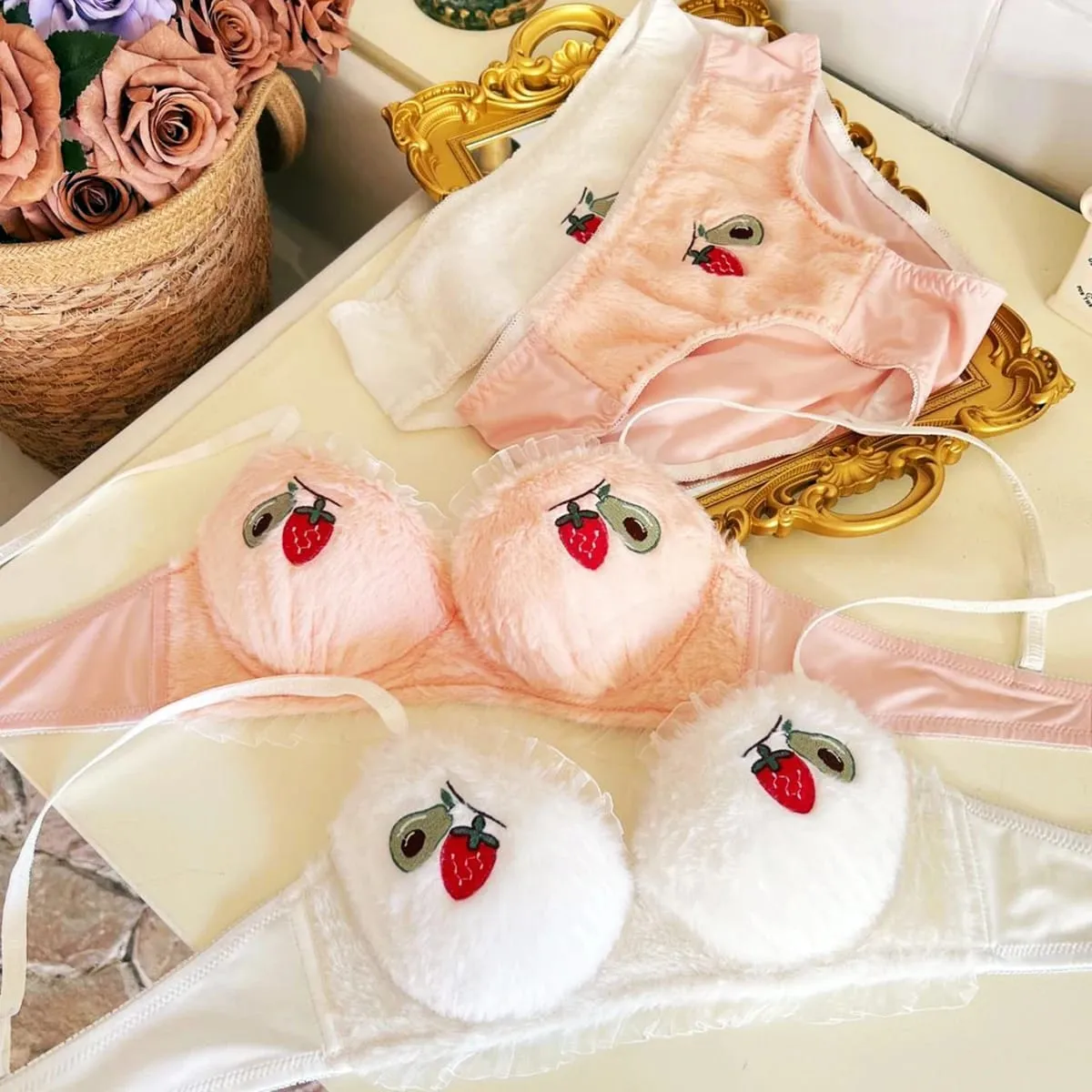 Cute Fruit Embroidery Lace Lingerie Sweet Bras Underpants Underwear Warm Two Piece Sets Sweet Plush Set Sexy Girlfriend Gift — image 2