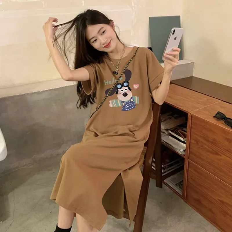 Cute Cartoon Dog Print T-Shirt Dress Women Loose Short Sleeve Split Casual Midi Dress — image 3