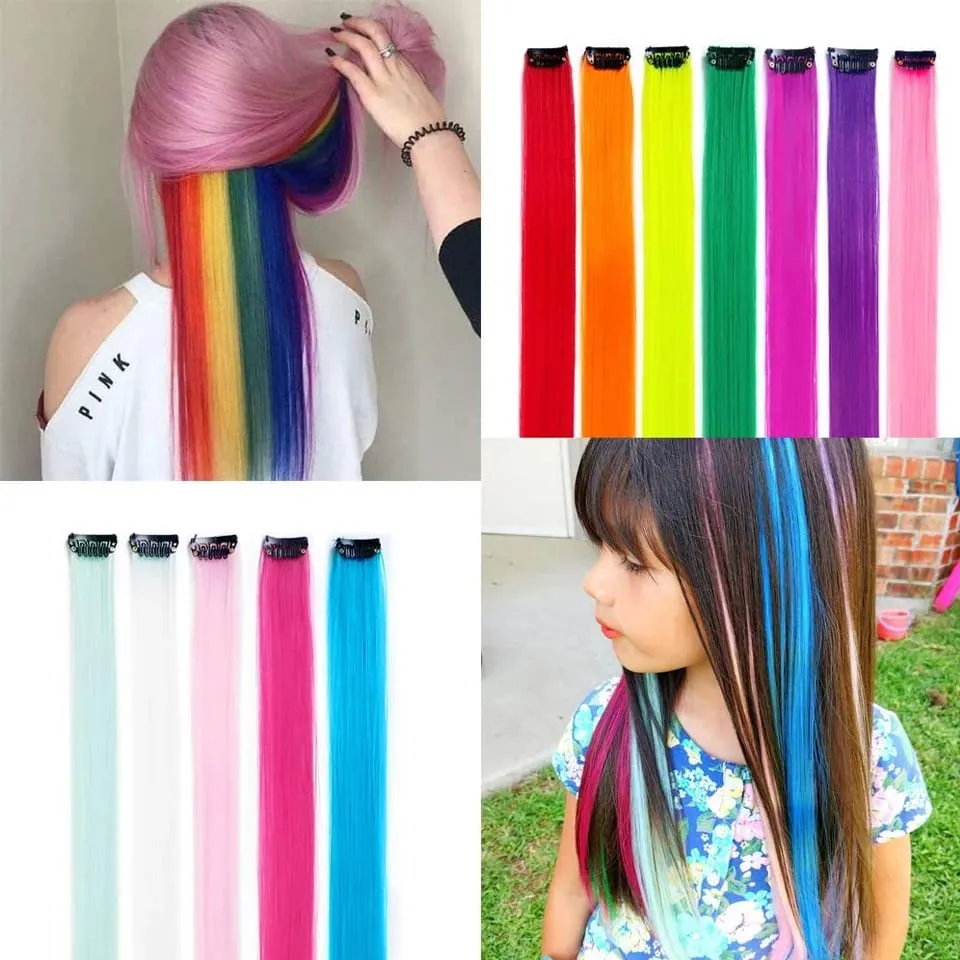 Colored Hair Extensions Synthetic 22Inch Straight Orange Green Clip in Hair Extension Rainbow Accessories Party Highlights Hair — image 6
