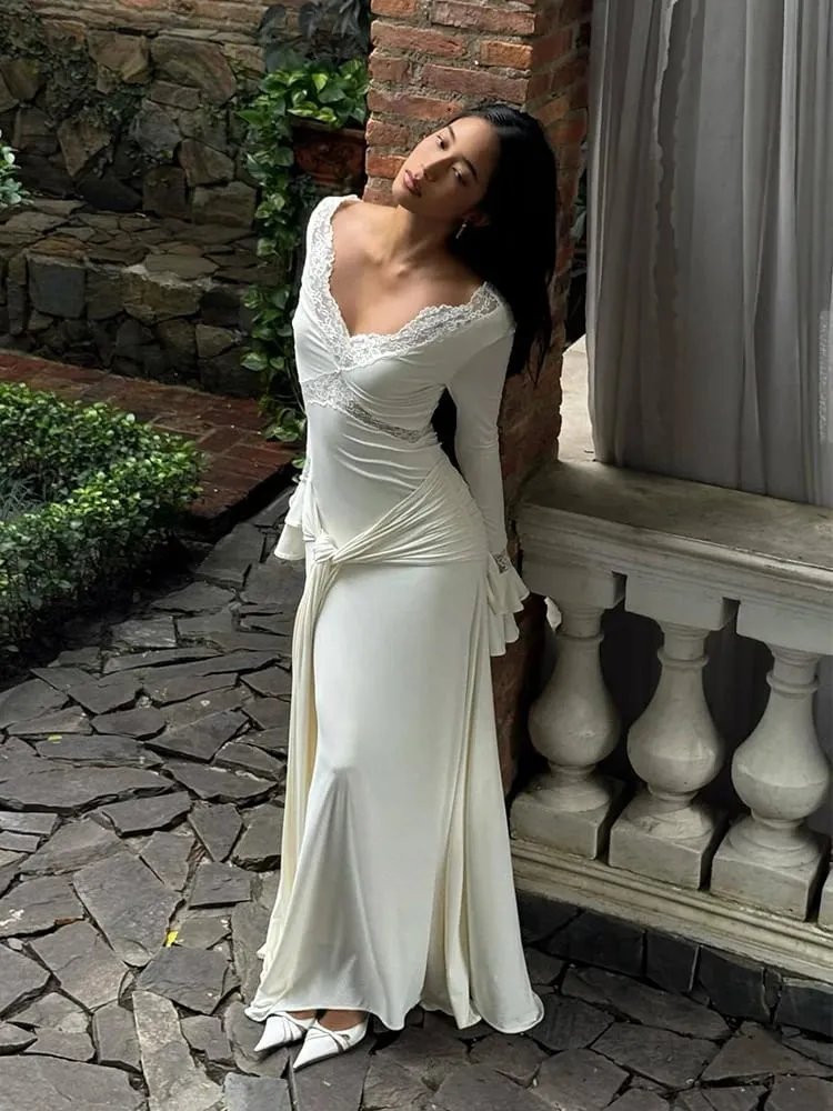 Women Elegant Long Sleeve Deep V-Neck Maxi Dress White Slim Fit Ruched Lace Patchwork High Waist Party Wedding Sexy Evening Gown — image 2