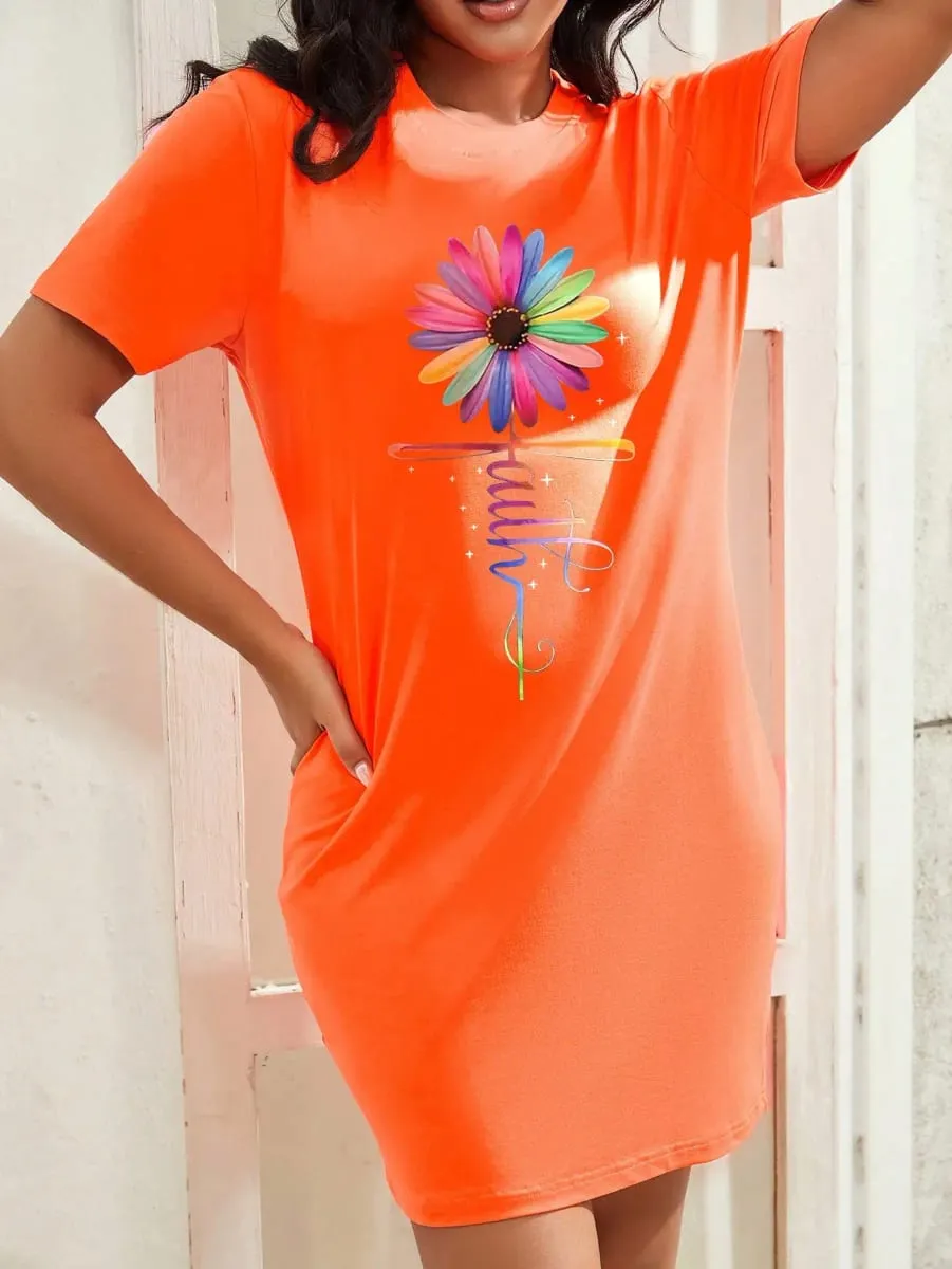 Plus Size Summer Fashionable Comfortable Colorful Sunflower Letter Print Women Sundress O-Neck Mini Dress Casual Dress Vestidos