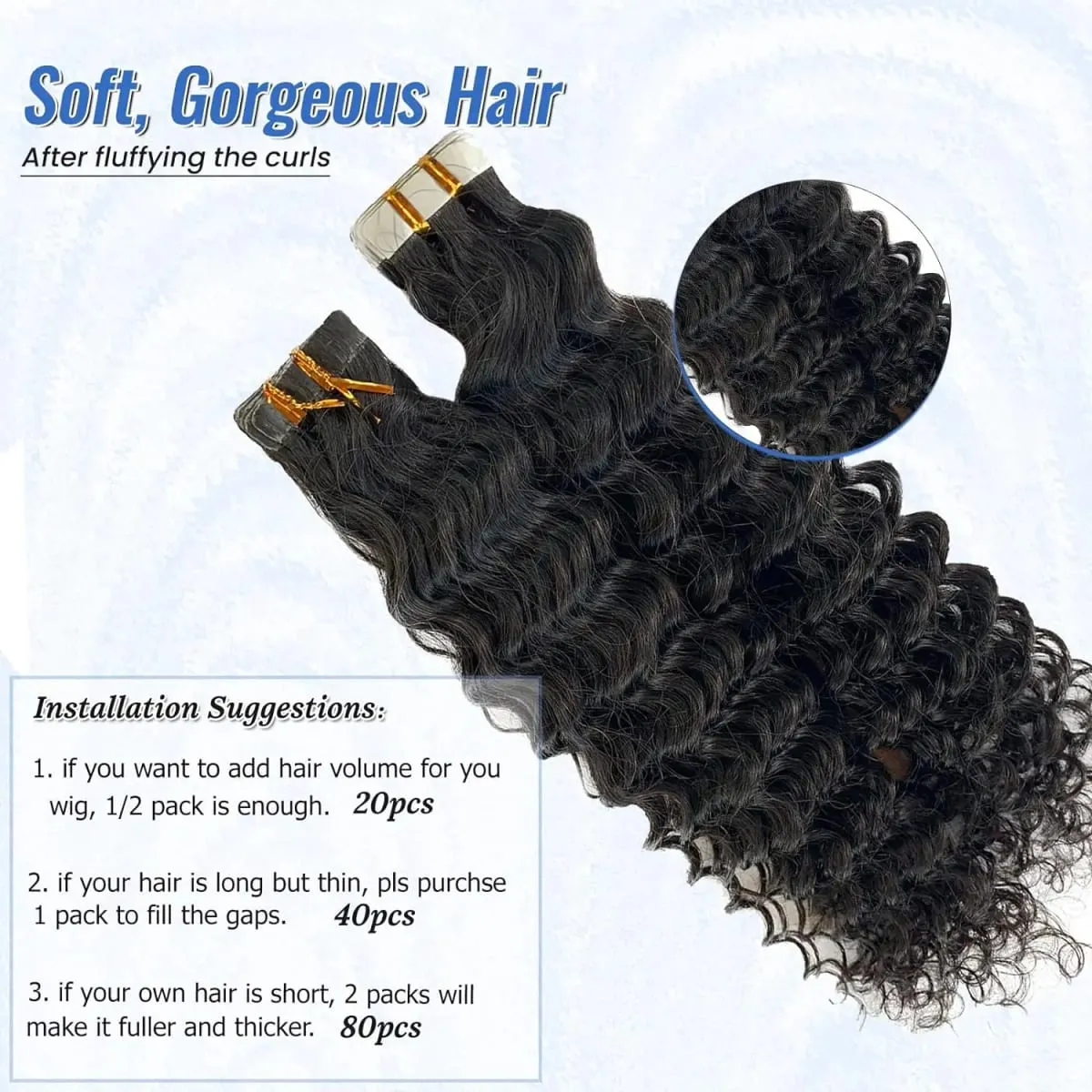 Deep Wave Tape In Hair Extensions Natural Black 100% Human Hair 20pcs/50g Curly Tape Ins Invisible Seamless Replaceable Glue #1B — image 4