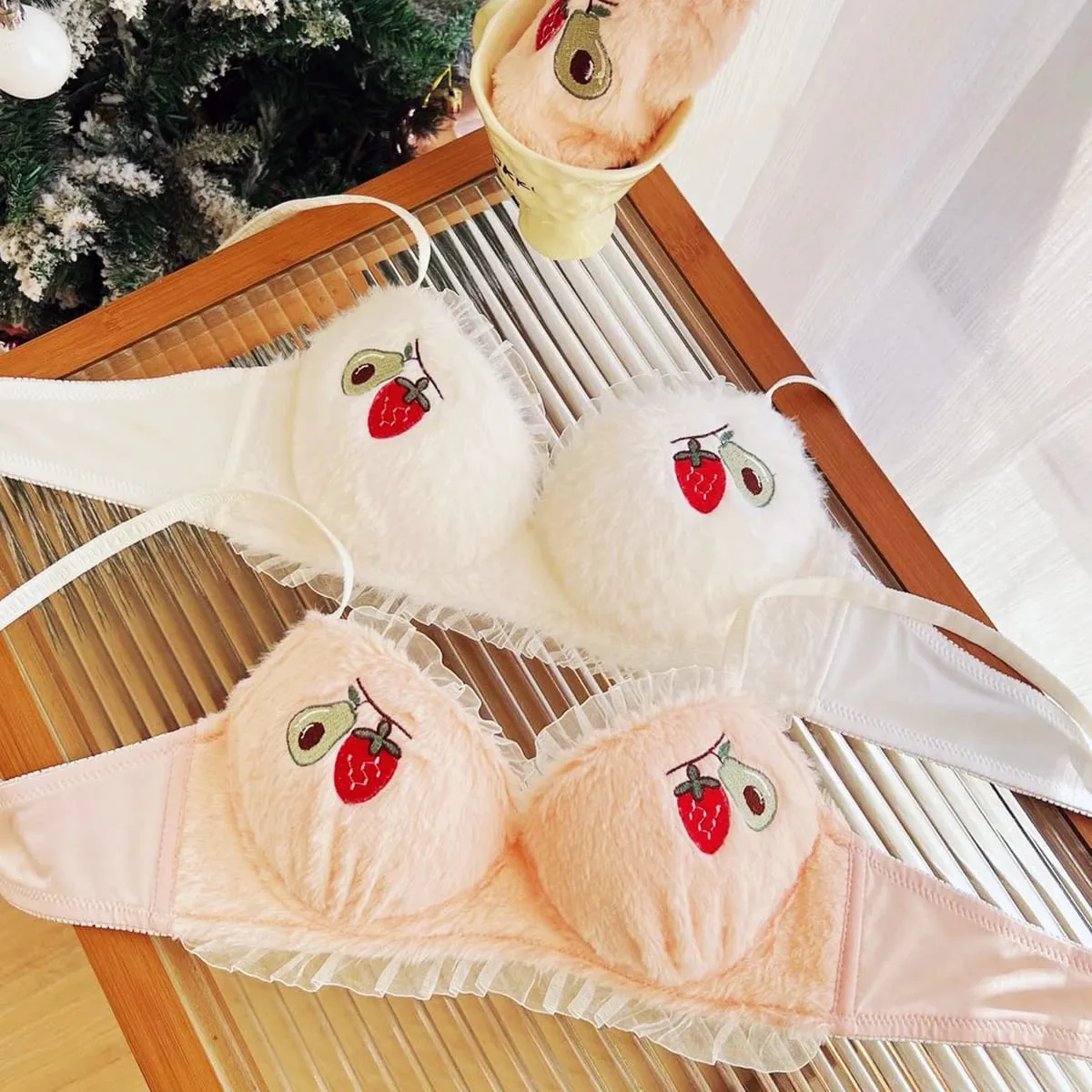 Cute Fruit Embroidery Lace Lingerie Sweet Bras Underpants Underwear Warm Two Piece Sets Sweet Plush Set Sexy Girlfriend Gift — image 7