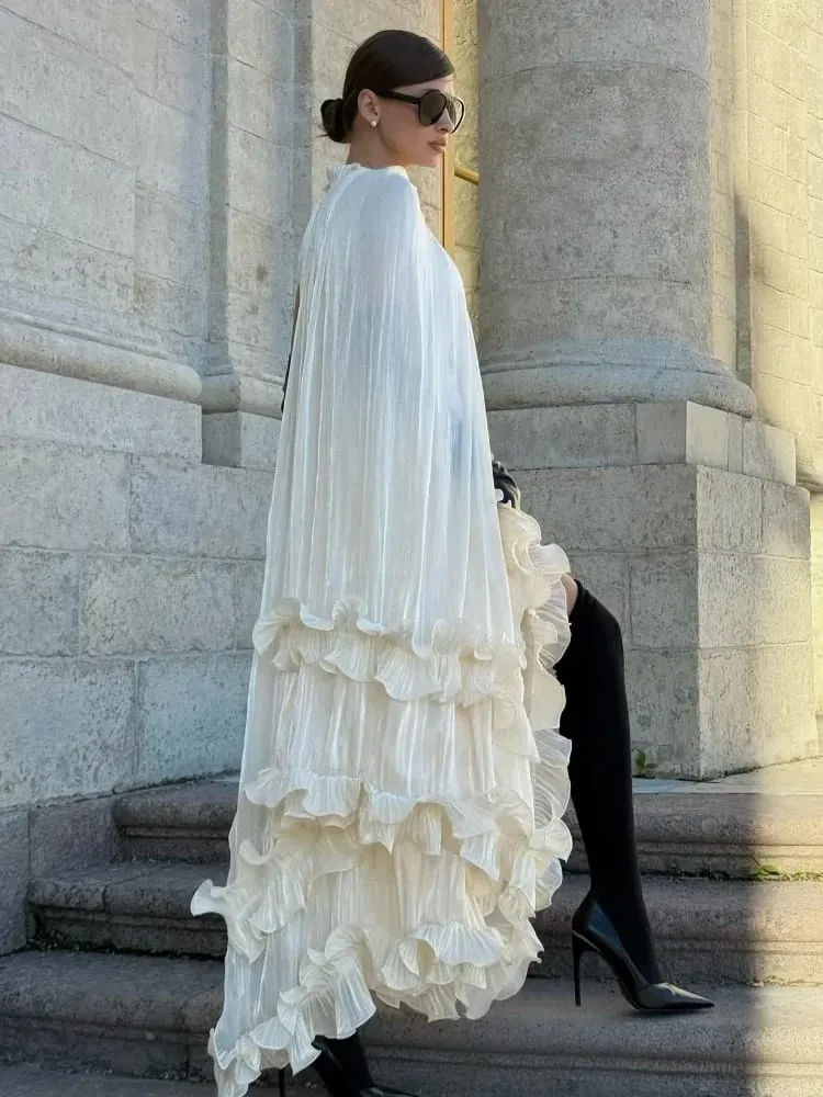 Solid White Ruffle Maxi Dress Women Fashion Lace Pleated Sleeveless Off-shoulder Long Dresses Lady 2026 Summer Holiday Robes New — image 4