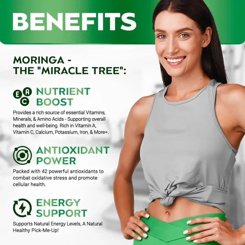 Moringa Capsules - Pure Moringa Powder Energy Skin Immune & Gut Health Rich in Antioxidant Essential Vitamins & Amino Acids