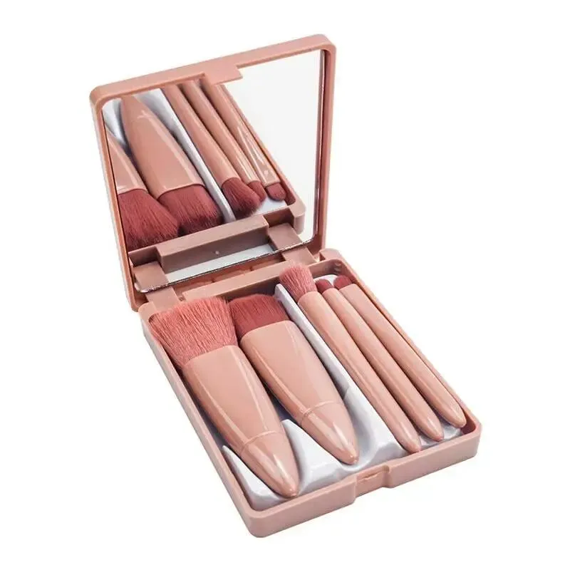 5Pcs Travel Makeup Brush Set Built-in Mirror Soft Fiber Portable Brushes Face Eye Lip Blending Daily Makeup Tools — image 5