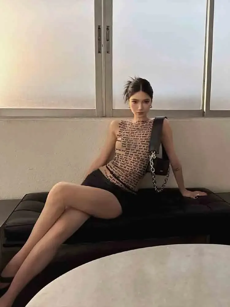 Fashion Trendy Round Collar Sleeveless Tank Mesh Sexy Article Print Slim Casual Top Women Hipster Wear — image 3