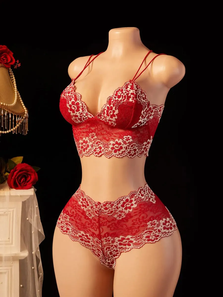 Colorblock Lace Lingerie Set Sheer Deep V Bralette Criss Cross Open Back Strappy Boudoir 2PC — image 5